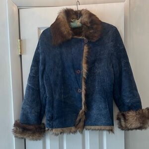 Elegant , Luxurious Navy suede Jacket with Faux Fur Trim